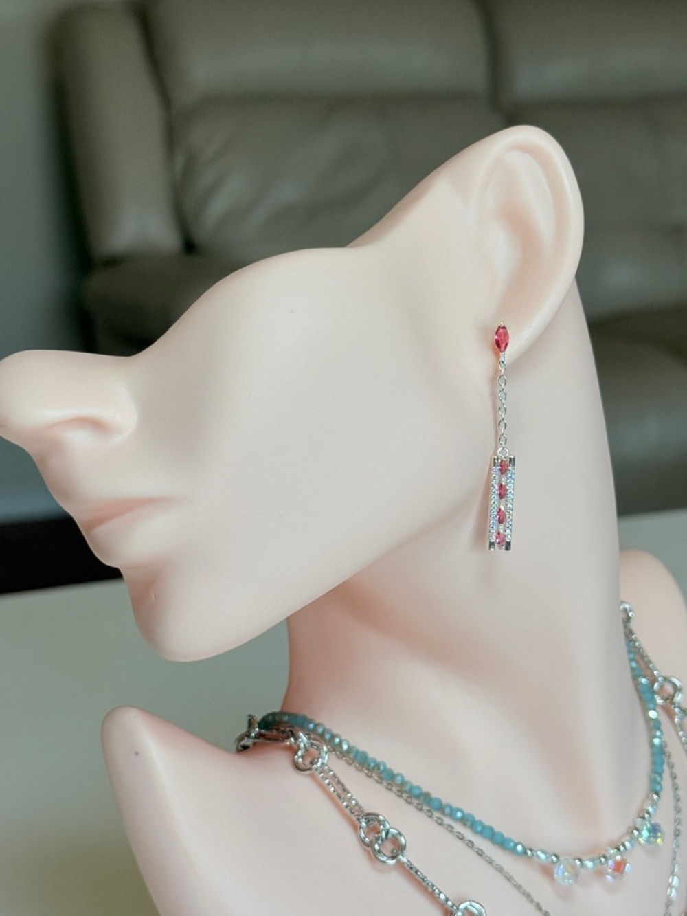 Silver Drop Earrings with Pink Stones